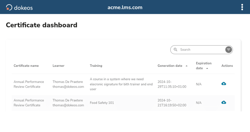 Certificate Dashboard Screen