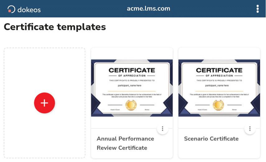 Certificate templates screen